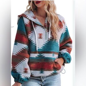 Southwestern Style Hoodie -‎ Teal and Rust Size S/M